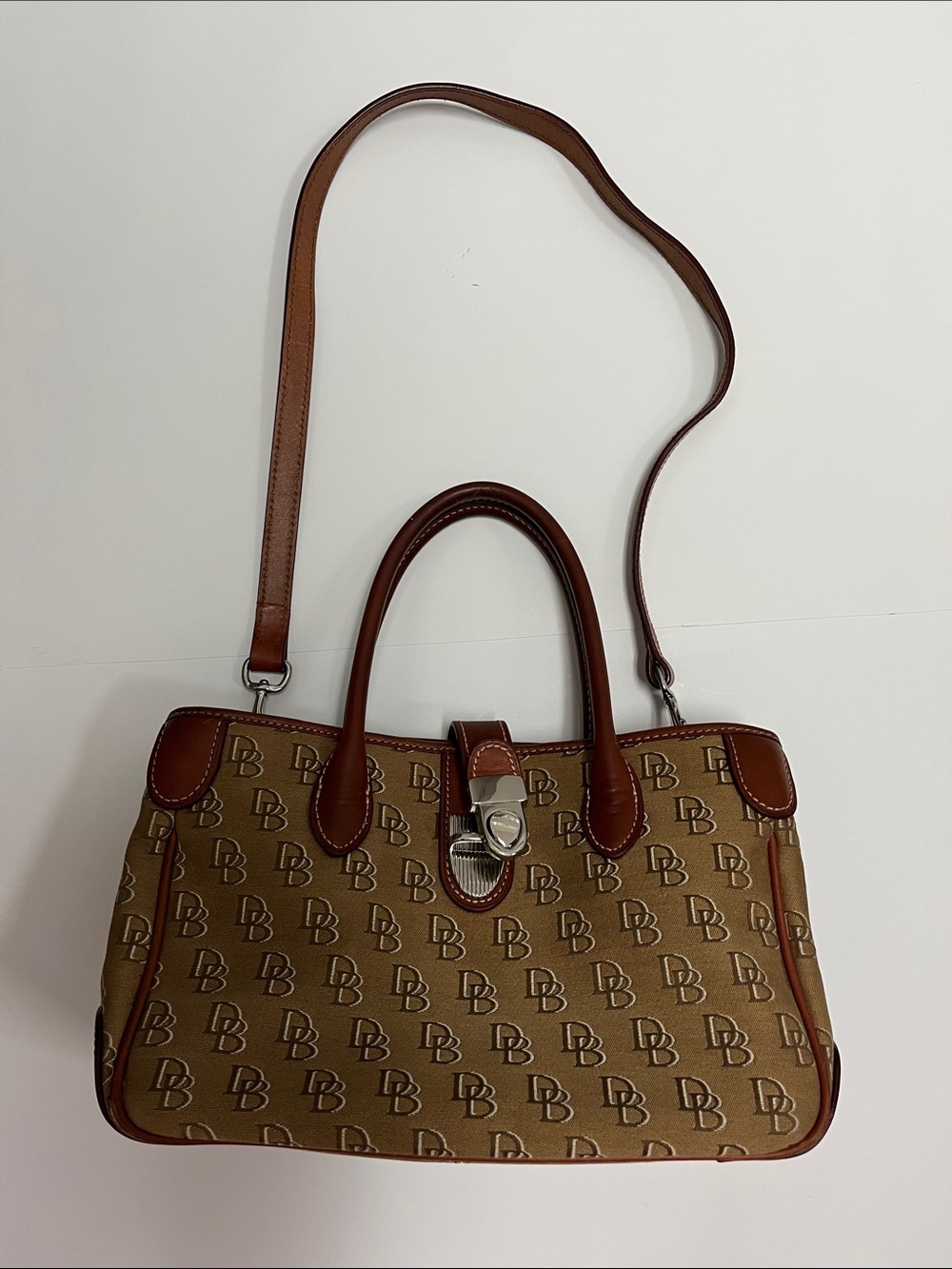 Dooney & Bourke Brown Monogram Canvas Satchel with Leather Trim